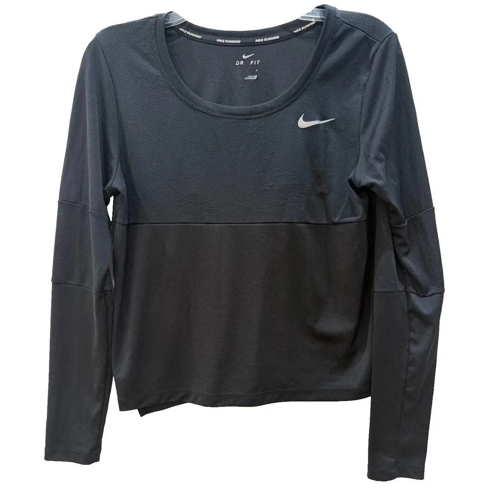 Women's Nike Running Dri Fit Size M Black‎ Long Sleeve Crop Top Cropped Length